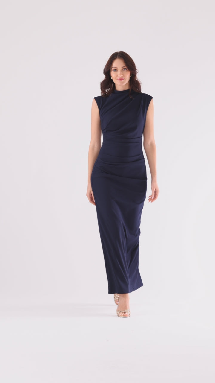“Katalina” Scuba Crepe Ruched Mock Neck Dress - Navy | Betsy & Adam