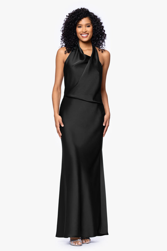 "Erica" Satin Halter Dress - Black | Betsy & Adam