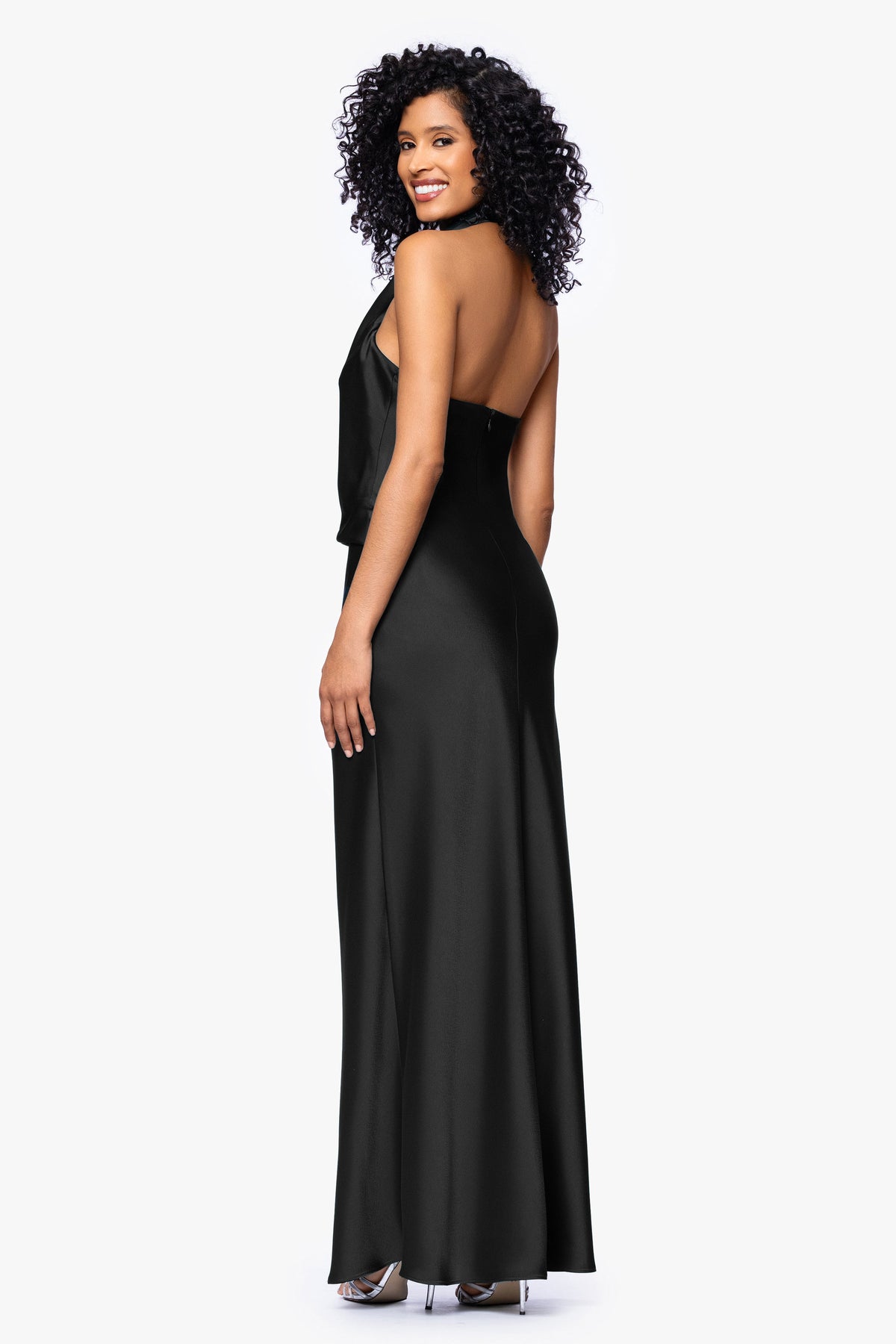 "Erica" Satin Halter Dress - Black | Betsy & Adam