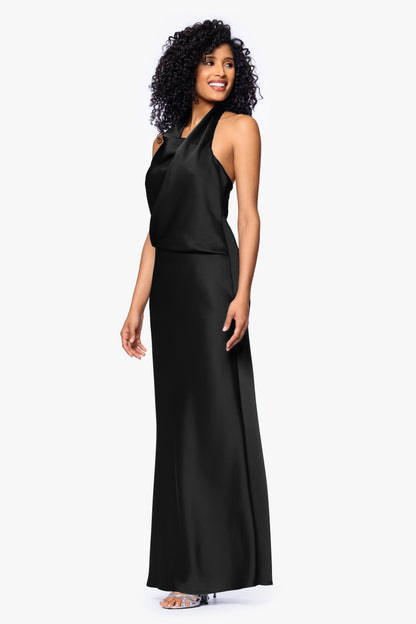 "Erica" Satin Halter Dress - Black | Betsy & Adam