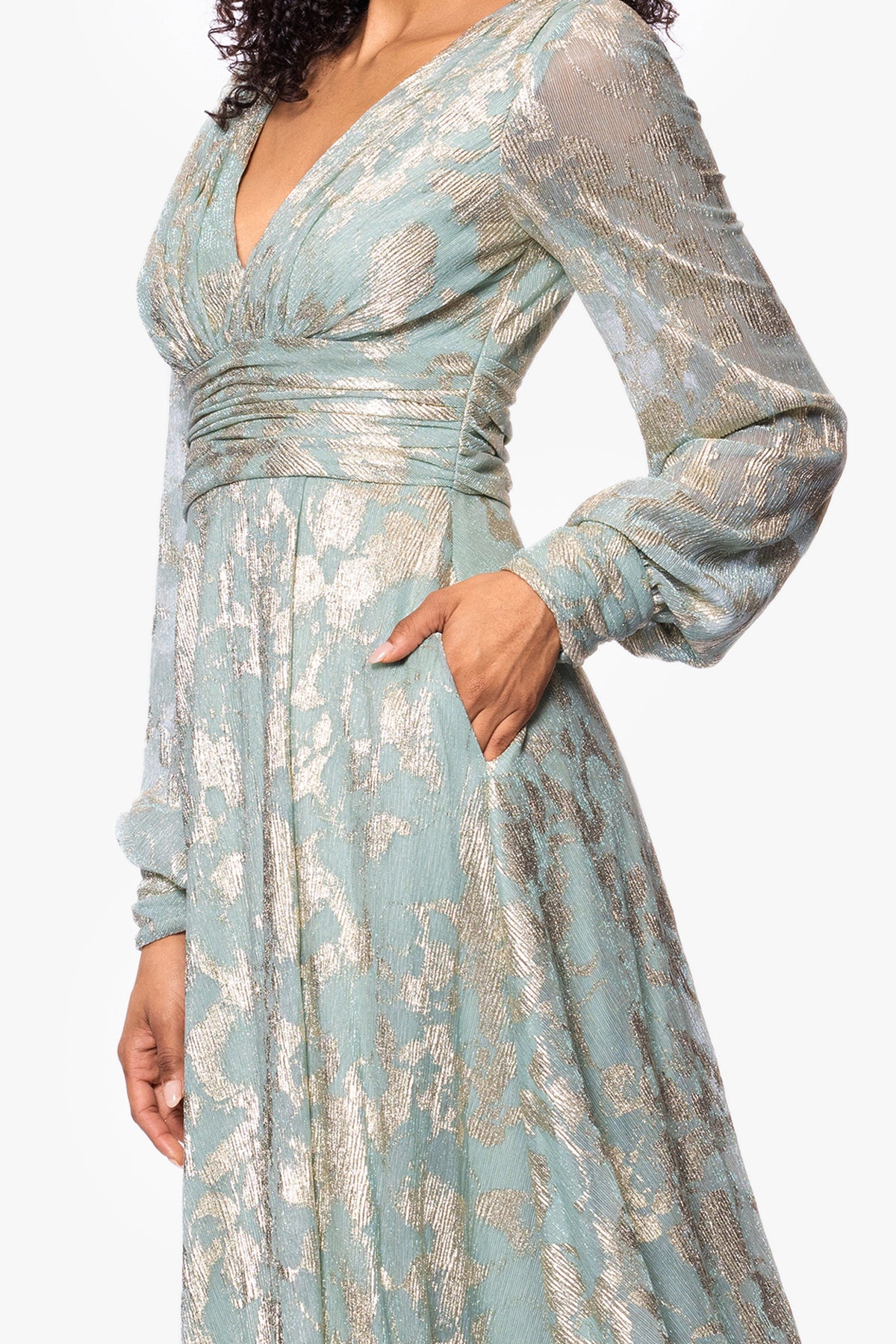 "Melanie" Metallic Knit V-Neck Long Sleeve Dress - Sage/Gold | Betsy & Adam
