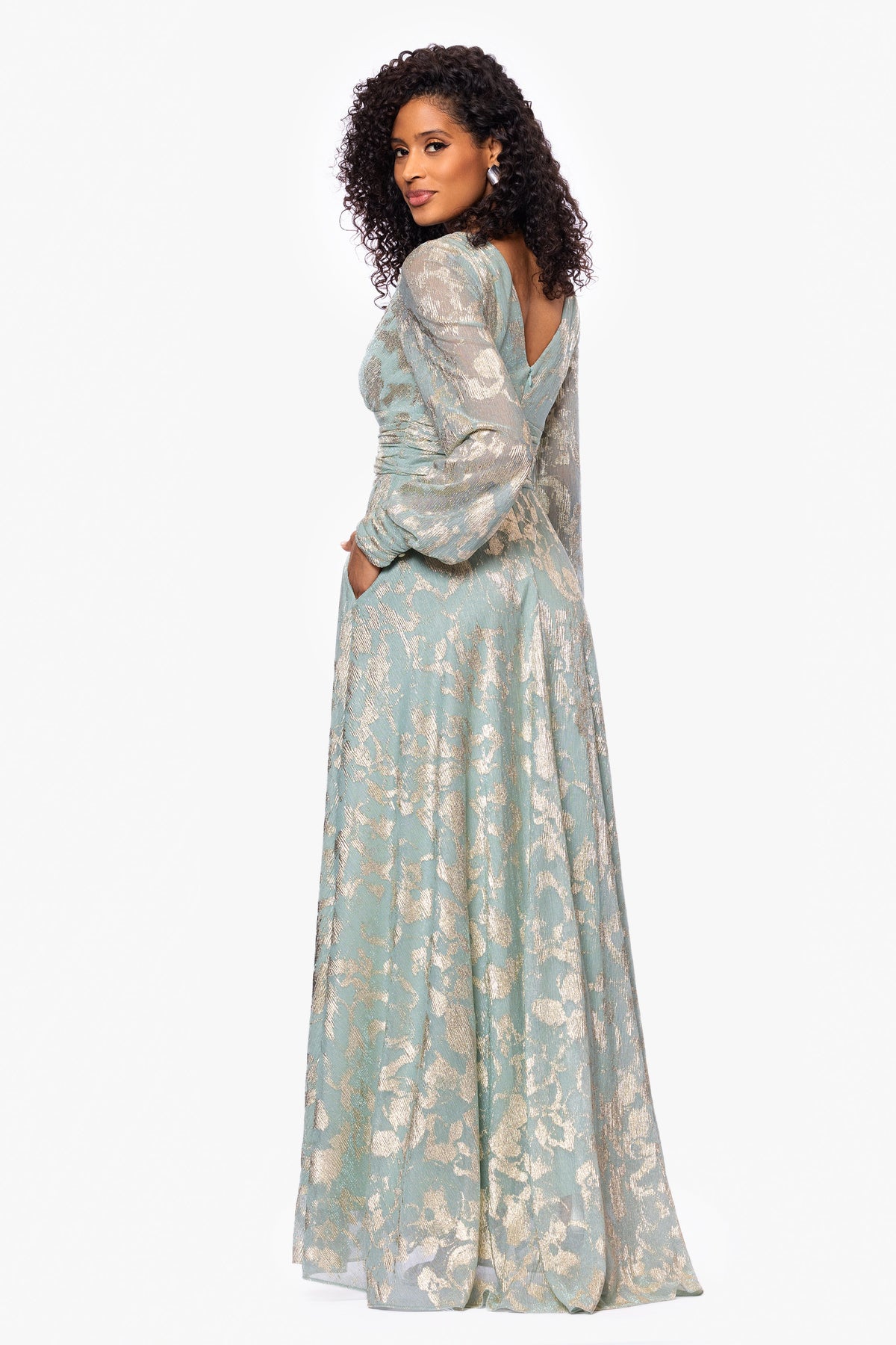 "Melanie" Metallic Knit V-Neck Long Sleeve Dress - Sage/Gold | Betsy & Adam