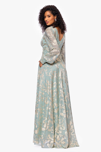 "Melanie" Metallic Knit V-Neck Long Sleeve Dress - Sage/Gold | Betsy & Adam