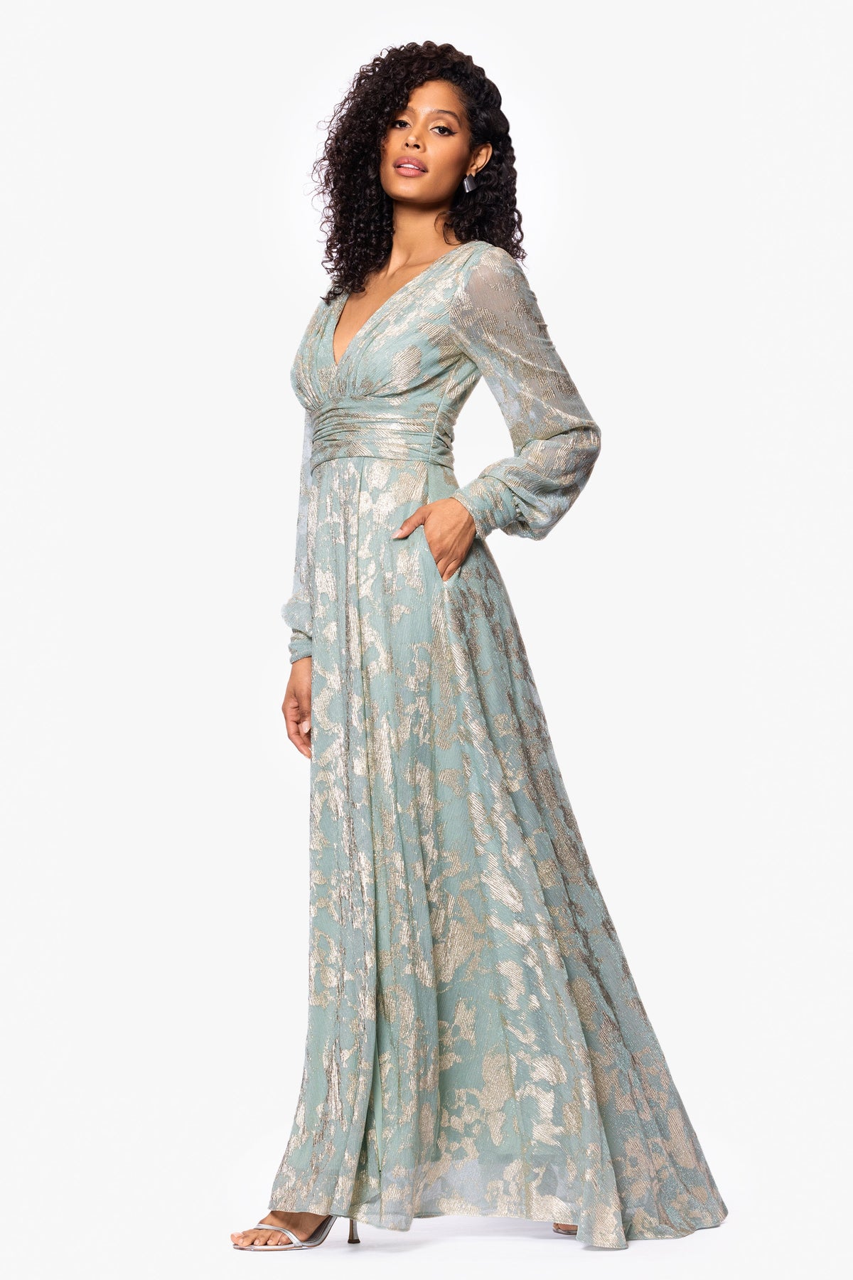 "Melanie" Metallic Knit V-Neck Long Sleeve Dress - Sage/Gold | Betsy & Adam