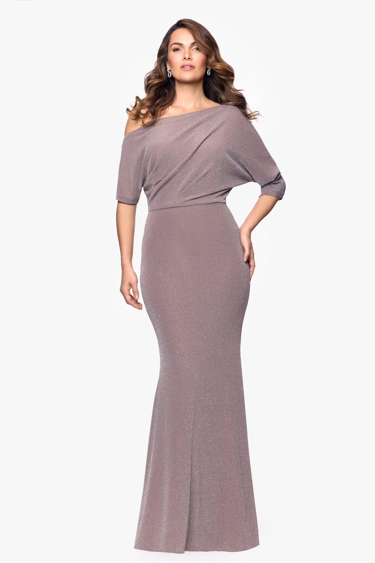 "Trina" Metallic Knit Drop Shoulder Dress - Taupe/Silver | Betsy & Adam