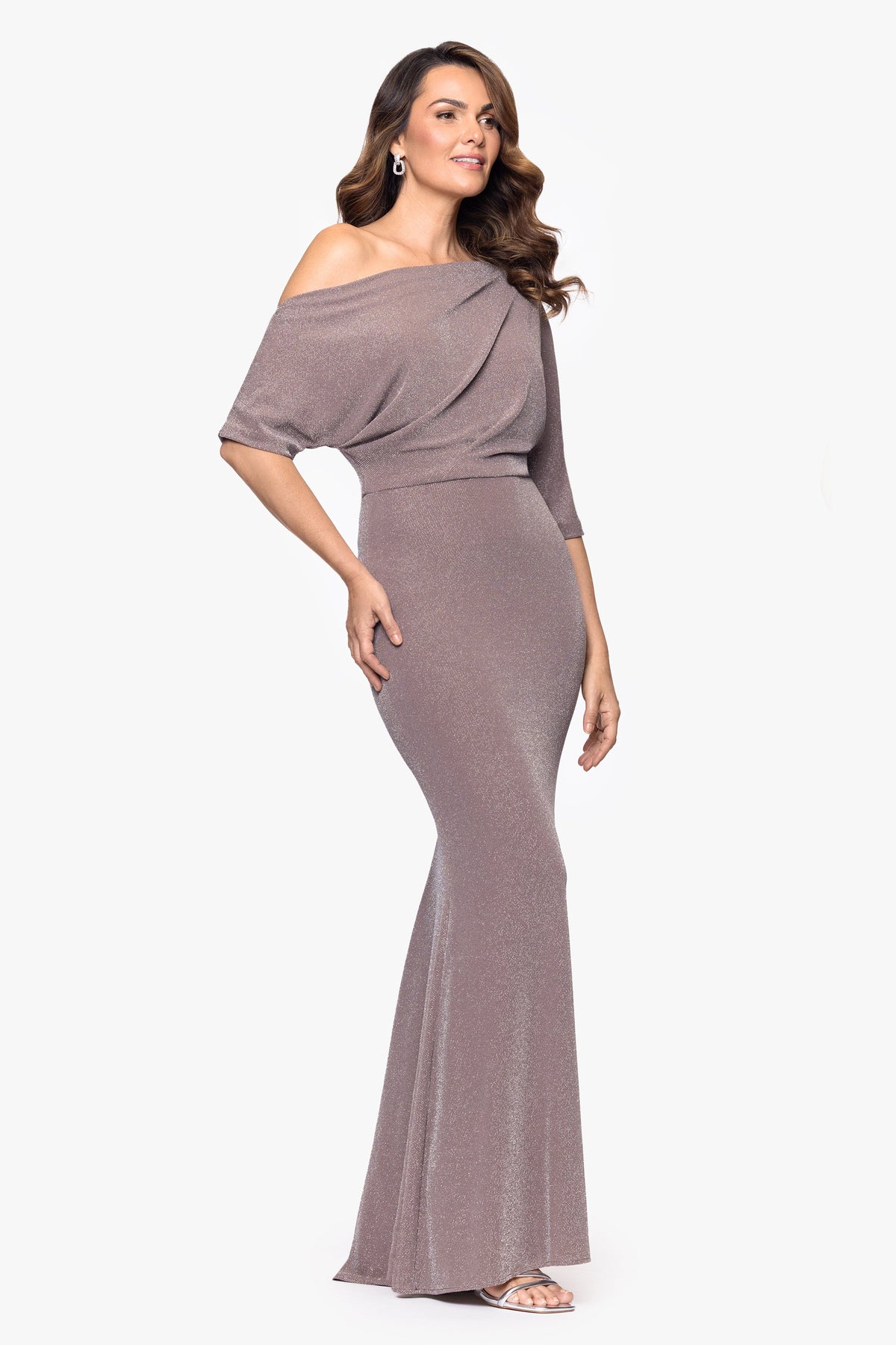 "Trina" Metallic Knit Drop Shoulder Dress - Taupe/Silver | Betsy & Adam