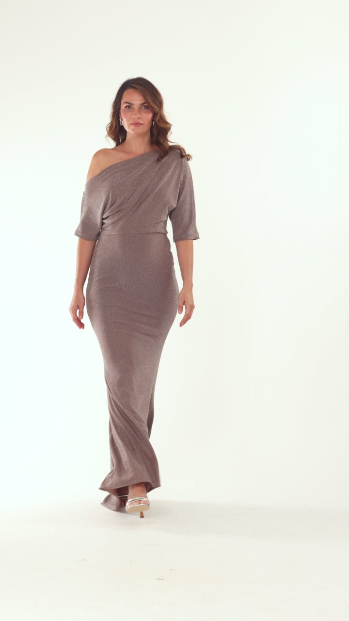 "Trina" Metallic Knit Drop Shoulder Dress - Taupe/Silver | Betsy & Adam