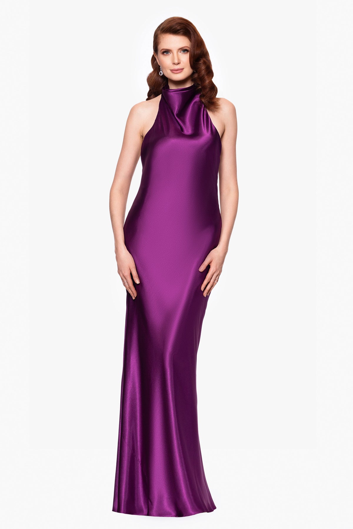 "Shannon" Satin Halter Necktie Dress - Plum | Betsy & Adam