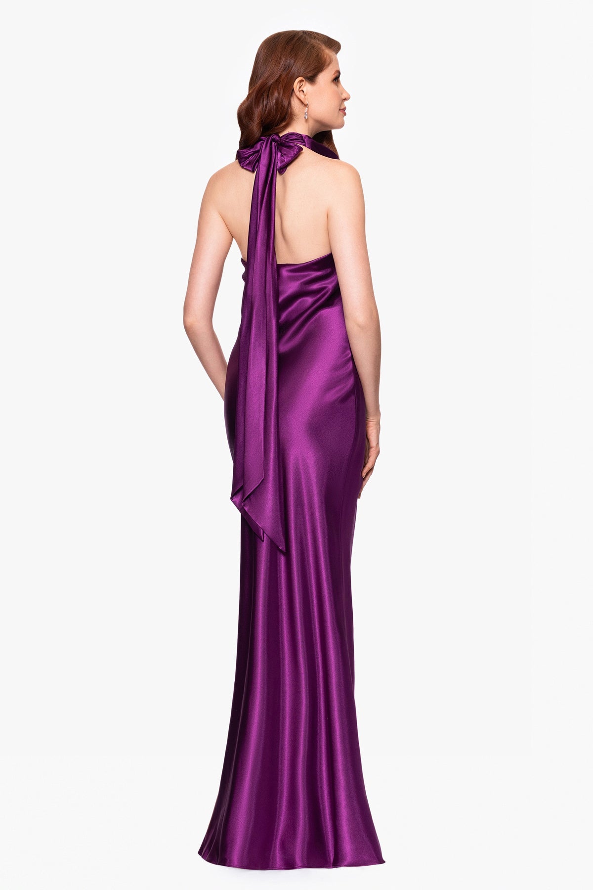 "Shannon" Satin Halter Necktie Dress - Plum | Betsy & Adam