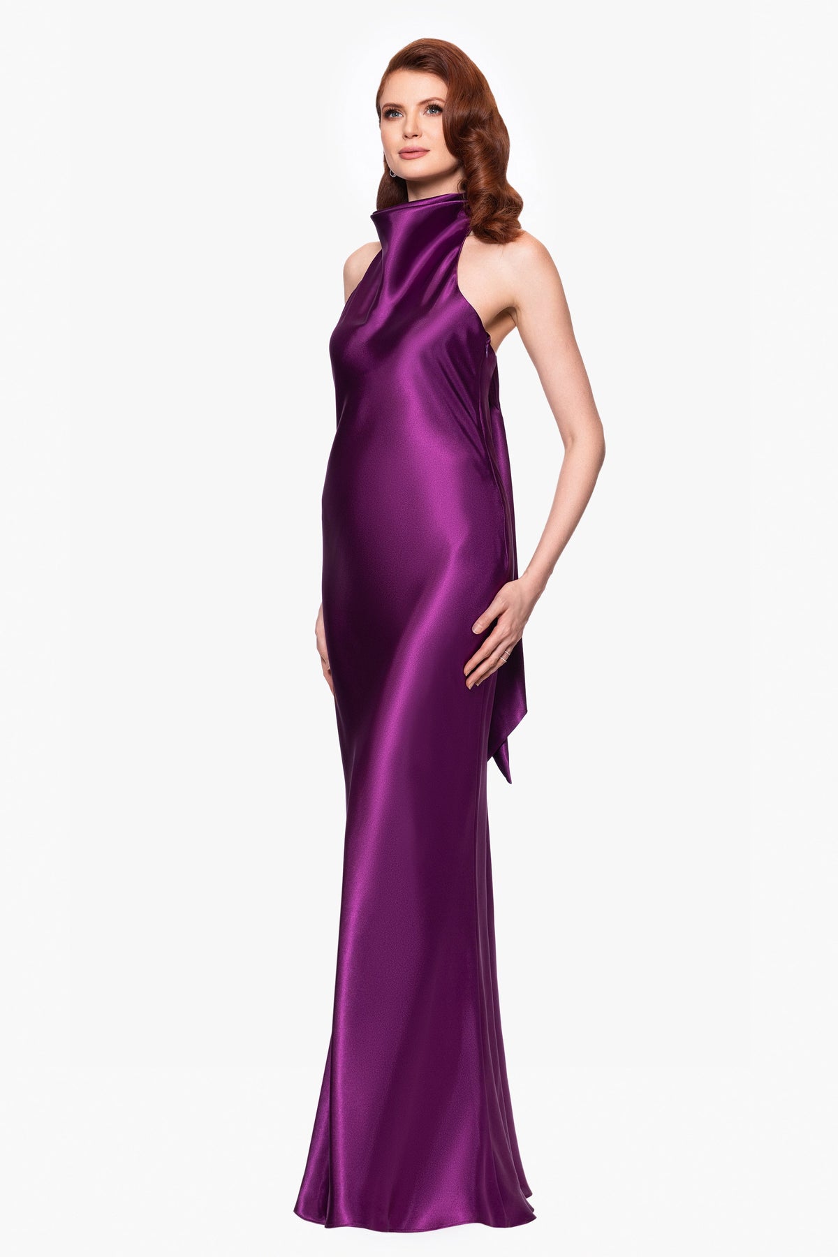 "Shannon" Satin Halter Necktie Dress - Plum | Betsy & Adam
