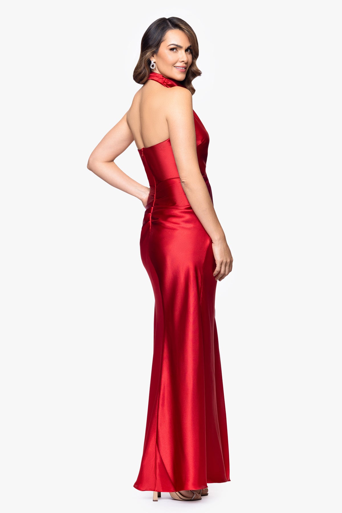"Antonia" Satin Cowl Halter Neck Ruched Dress - Red | Betsy & Adam