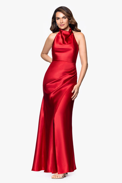 "Antonia" Satin Cowl Halter Neck Ruched Dress - Red | Betsy & Adam