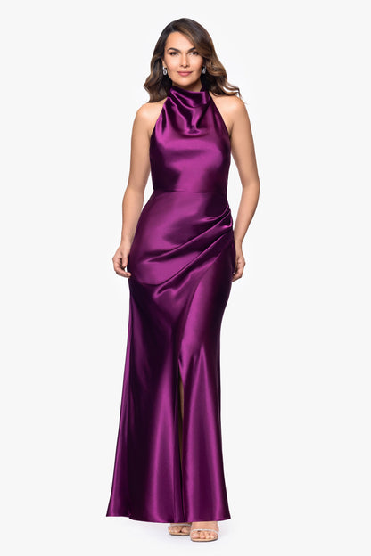 "Antonia" Satin Cowl Halter Neck Ruched Dress - Plum | Betsy & Adam
