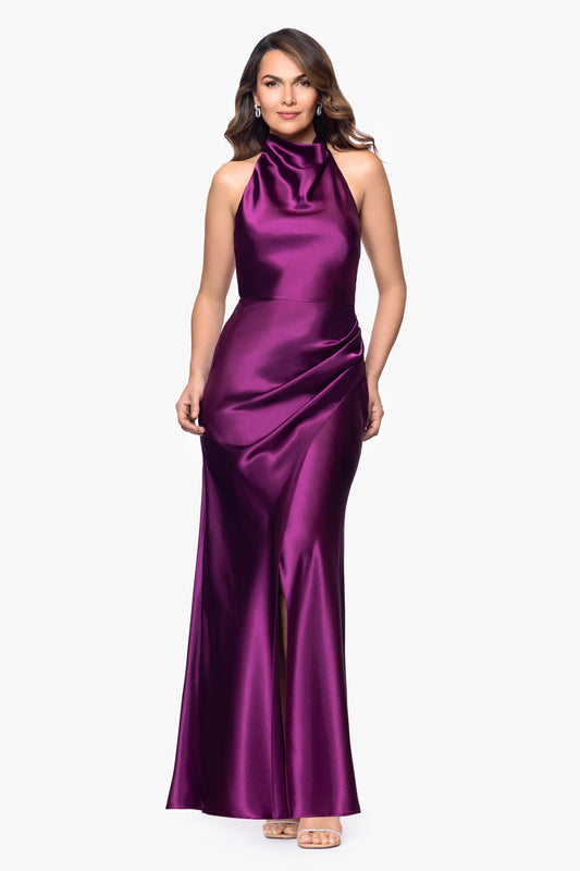 "Antonia" Satin Cowl Halter Neck Ruched Dress - Plum | Betsy & Adam