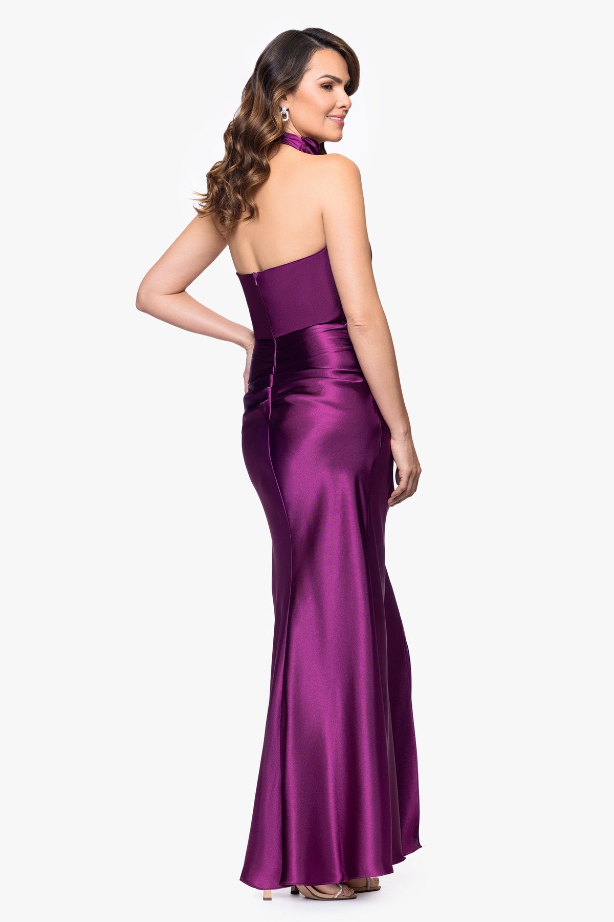 "Antonia" Satin Cowl Halter Neck Ruched Dress - Plum | Betsy & Adam
