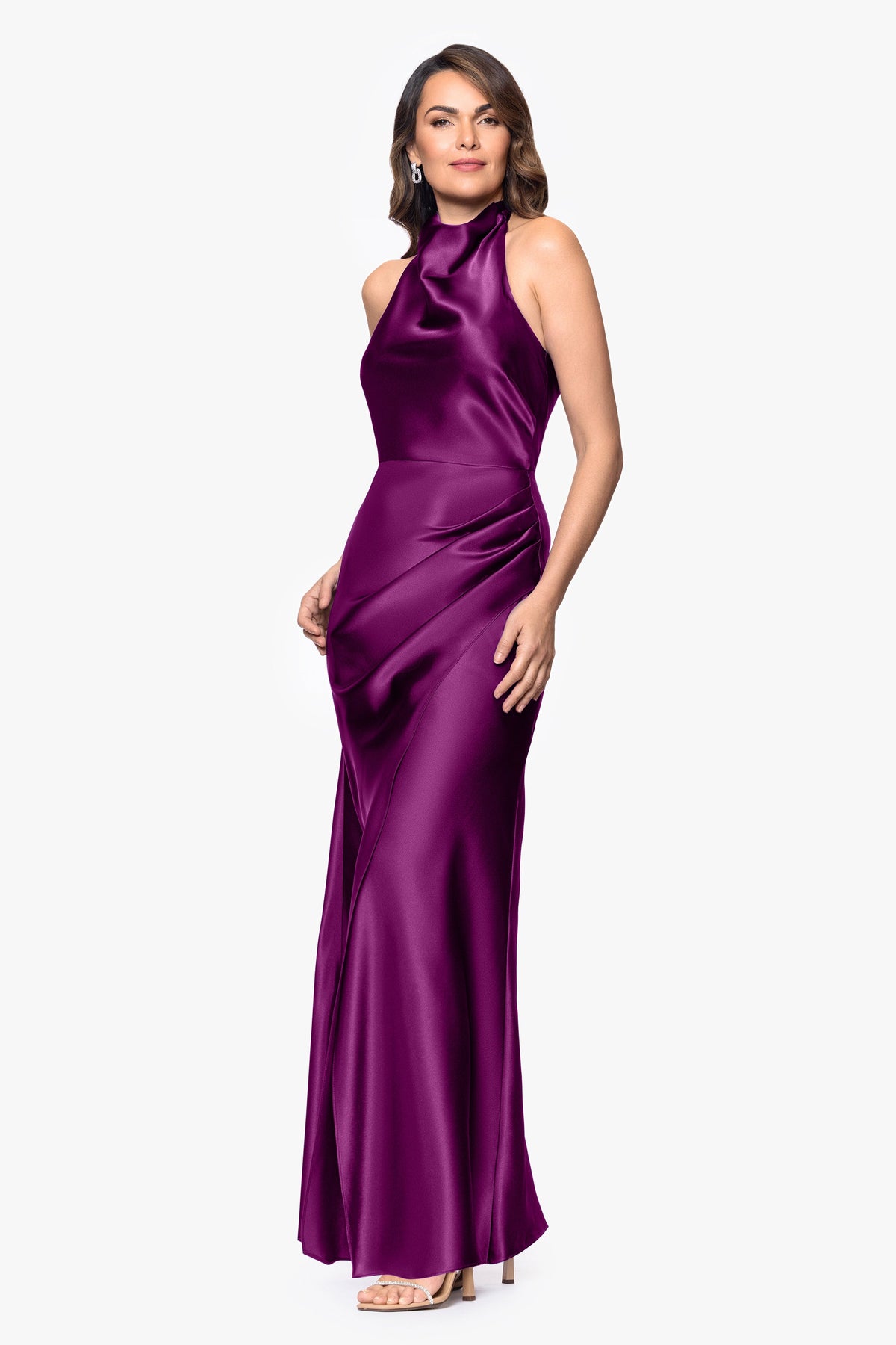 "Antonia" Satin Cowl Halter Neck Ruched Dress - Plum | Betsy & Adam