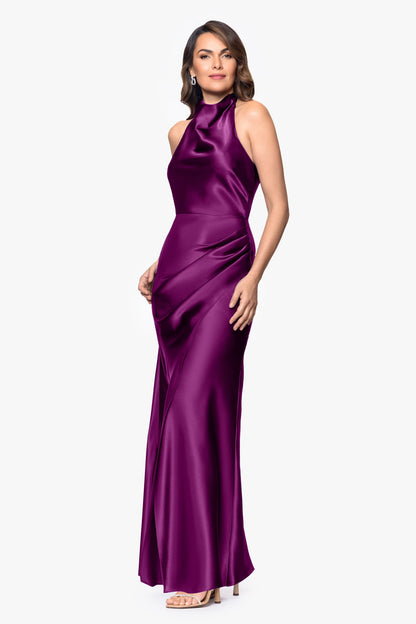 "Antonia" Satin Cowl Halter Neck Ruched Dress - Plum | Betsy & Adam