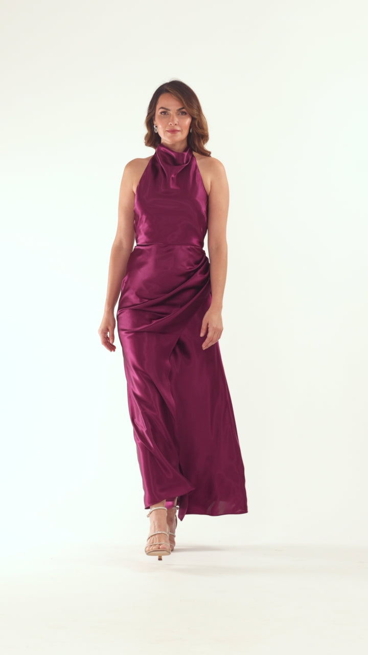 "Antonia" Satin Cowl Halter Neck Ruched Dress - Plum | Betsy & Adam