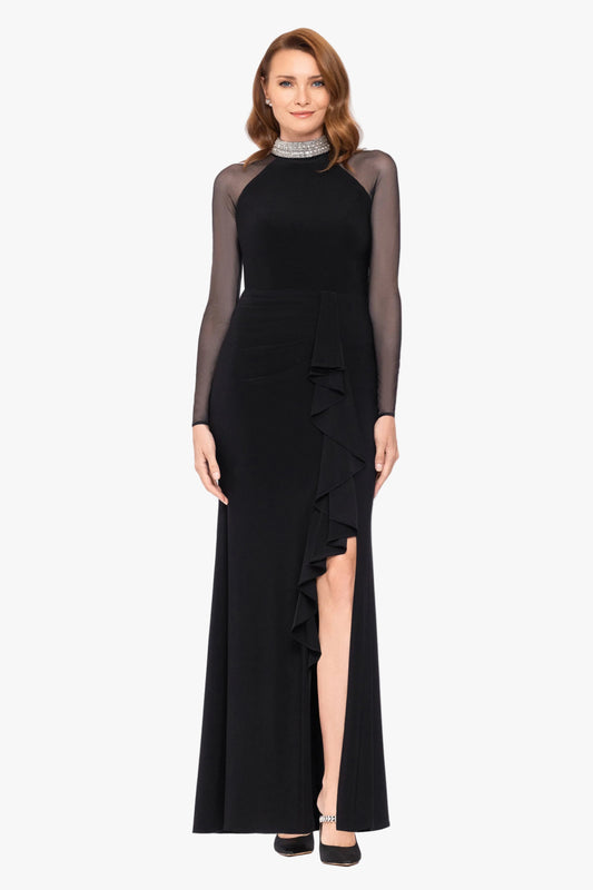 "Monique" Jersey Knit & Mesh Long Sleeve Dress - Black | Betsy & Adam