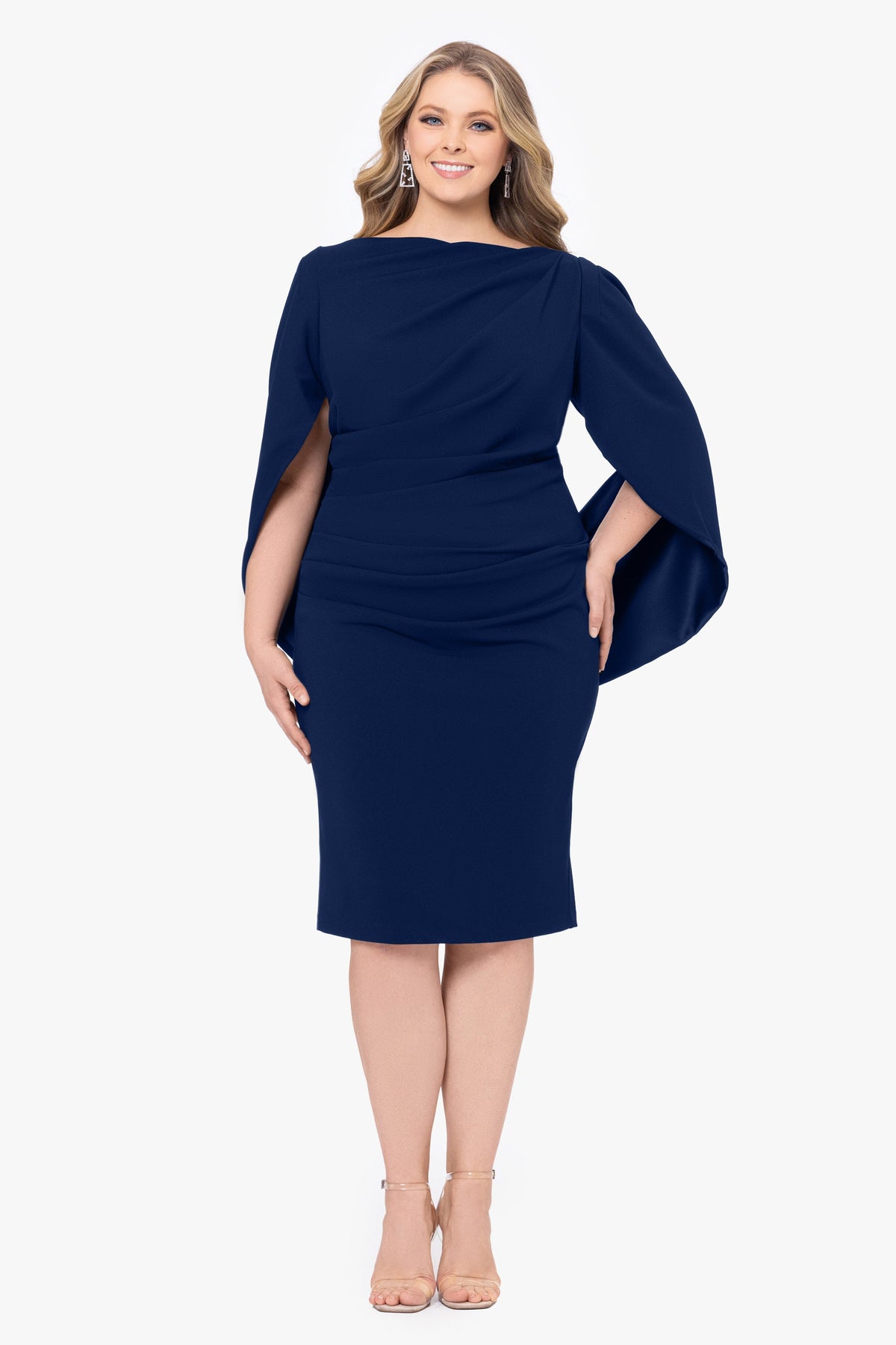Plus "Jordan" Scuba Crepe Draped Back Short Dress - Navy | Betsy & Adam