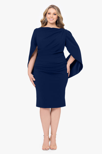 Plus "Jordan" Scuba Crepe Draped Back Short Dress - Navy | Betsy & Adam