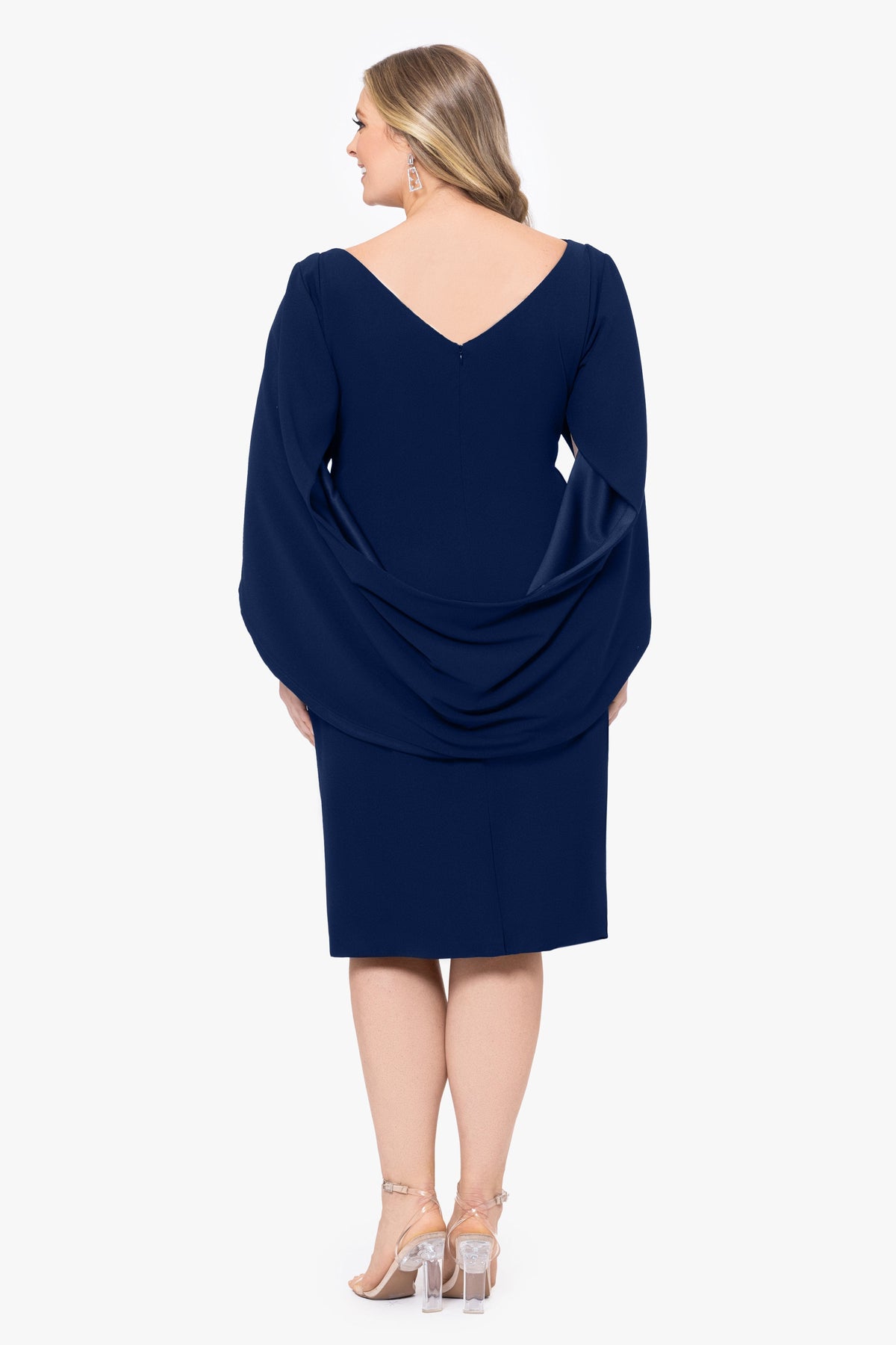 Plus "Jordan" Scuba Crepe Draped Back Short Dress - Navy | Betsy & Adam