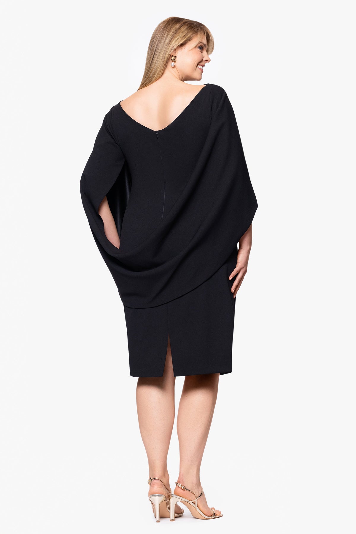 Plus "Jordan" Scuba Crepe Draped Back Short Dress - Navy | Betsy & Adam