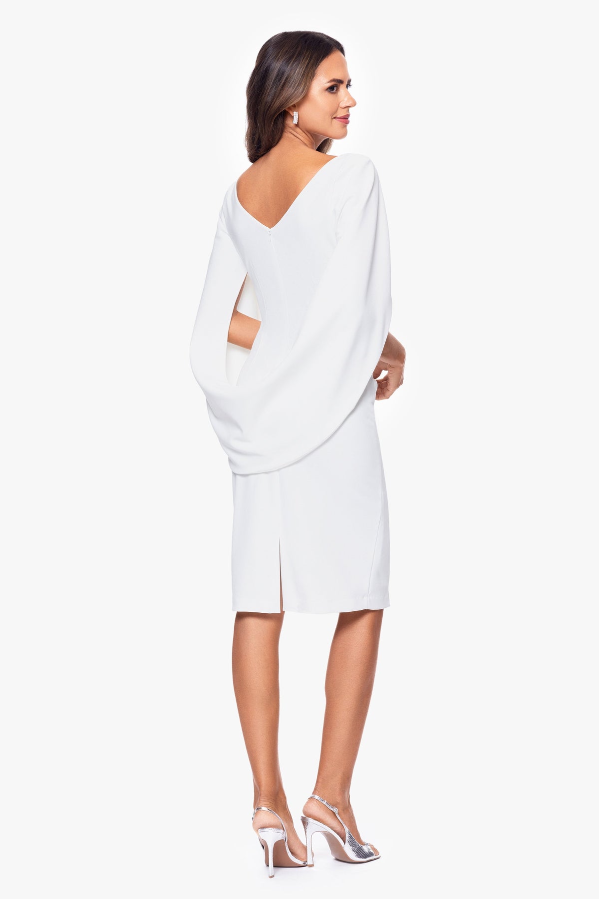 Petite "Jordan" Scuba Crepe Draped Back Short Dress - White | Betsy & Adam