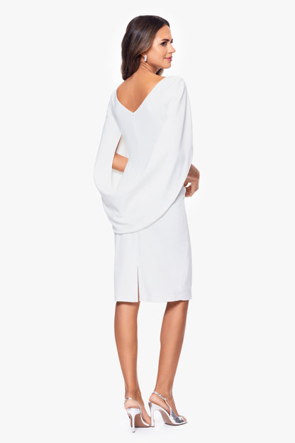 Petite "Jordan" Scuba Crepe Draped Back Short Dress - White | Betsy & Adam