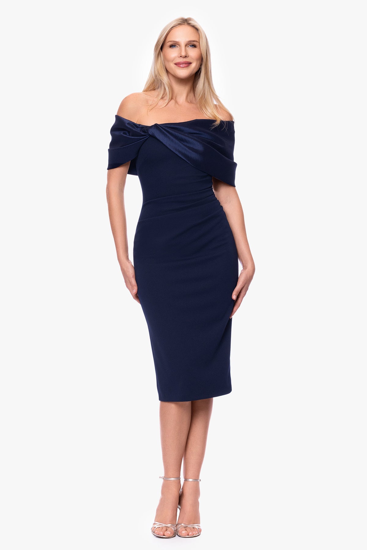 "Sloane" Scuba Crepe Off The Shoulder Short Dress - Navy | Betsy & Adam