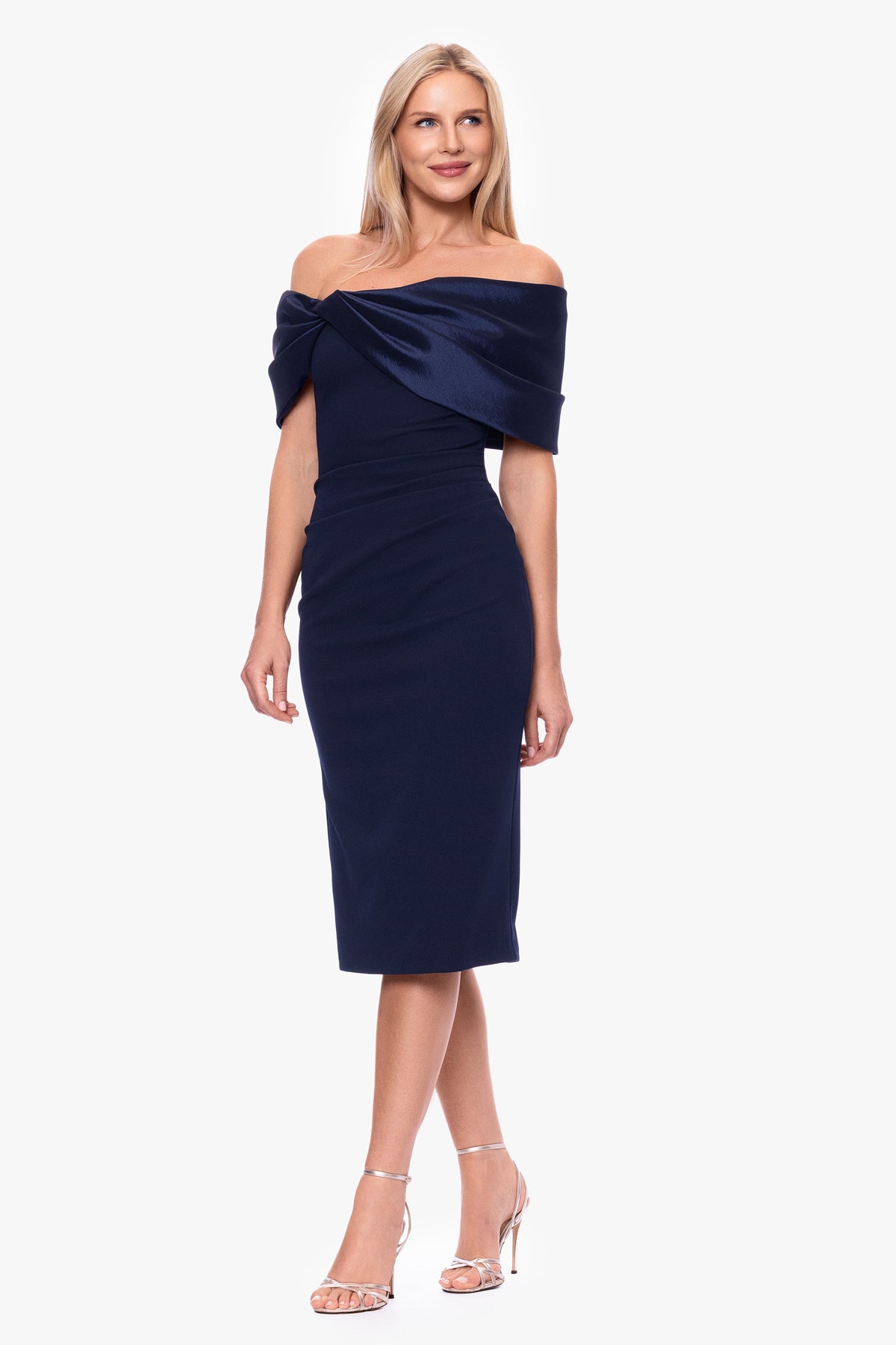 "Sloane" Scuba Crepe Off The Shoulder Short Dress - Navy | Betsy & Adam