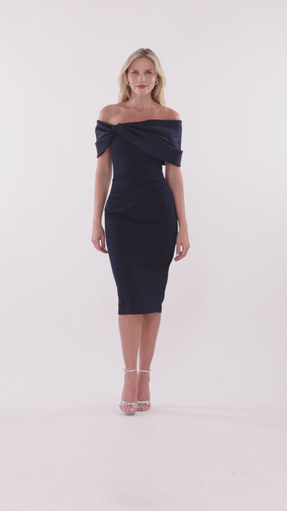 "Sloane" Scuba Crepe Off The Shoulder Short Dress - Navy | Betsy & Adam