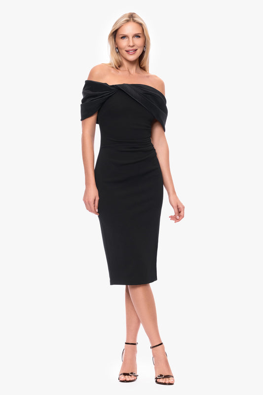 "Sloane" Scuba Crepe Off The Shoulder Short Dress - Black | Betsy & Adam