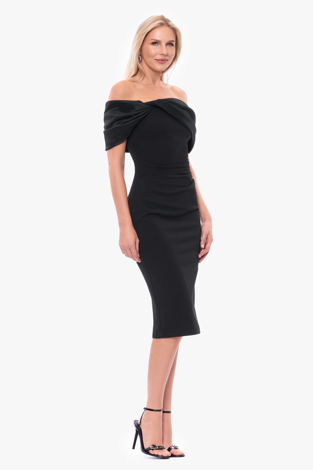 "Sloane" Scuba Crepe Off The Shoulder Short Dress - Black | Betsy & Adam