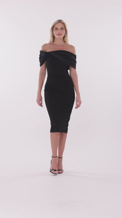 "Sloane" Scuba Crepe Off The Shoulder Short Dress - Black | Betsy & Adam