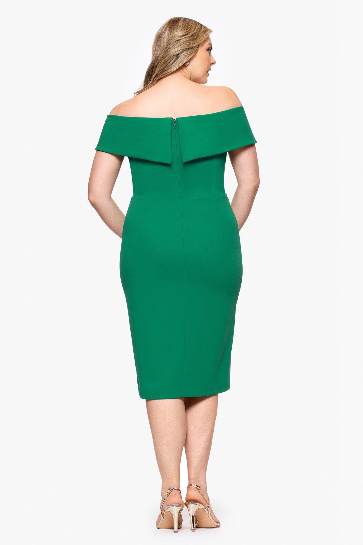 Plus "Kourtney" Scuba Crepe Off the Shoulder Ruffle Midi Dress - Green | Betsy & Adam