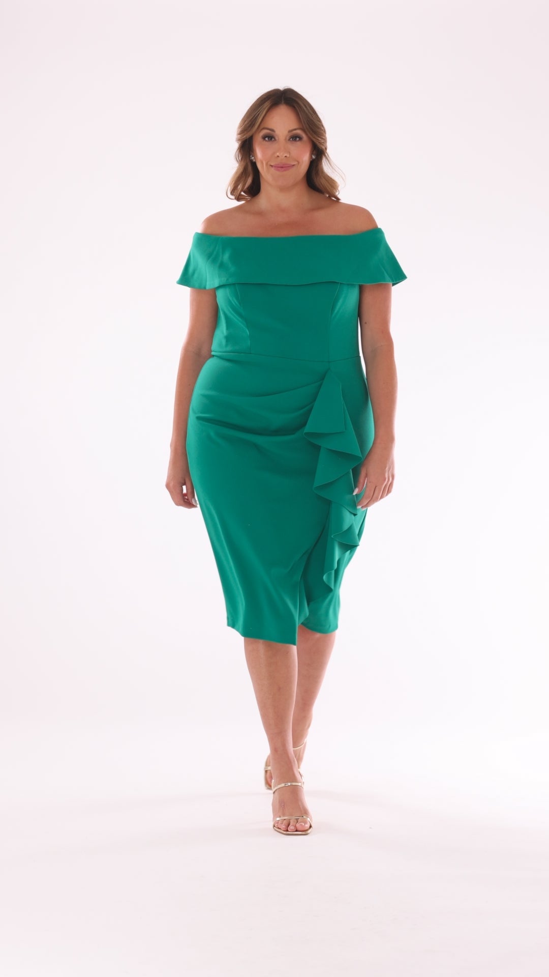 Plus "Kourtney" Scuba Crepe Off the Shoulder Ruffle Midi Dress - Green | Betsy & Adam