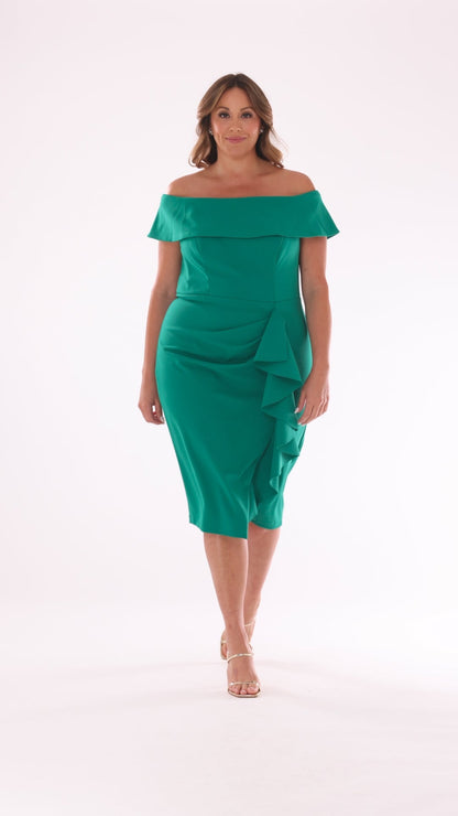 Plus "Kourtney" Scuba Crepe Off the Shoulder Ruffle Midi Dress - Green | Betsy & Adam