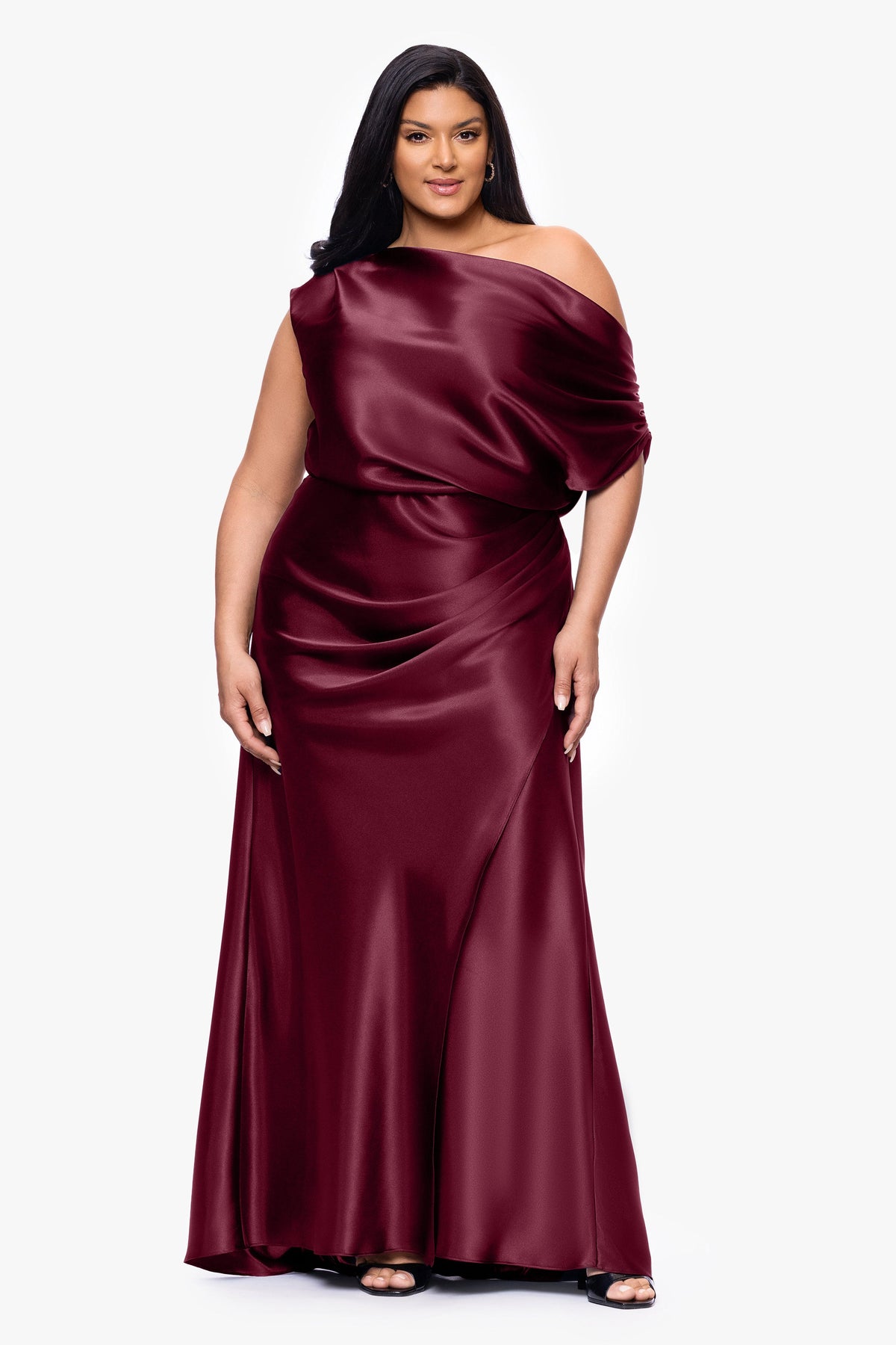 Plus "Sofia" Satin Drop Shoulder Dress - Burgundy | Betsy & Adam