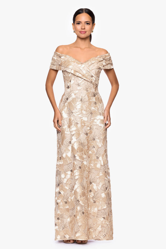 "Teyana" Soutache Sequin Off Shoulder Dress - Champagne | Betsy & Adam