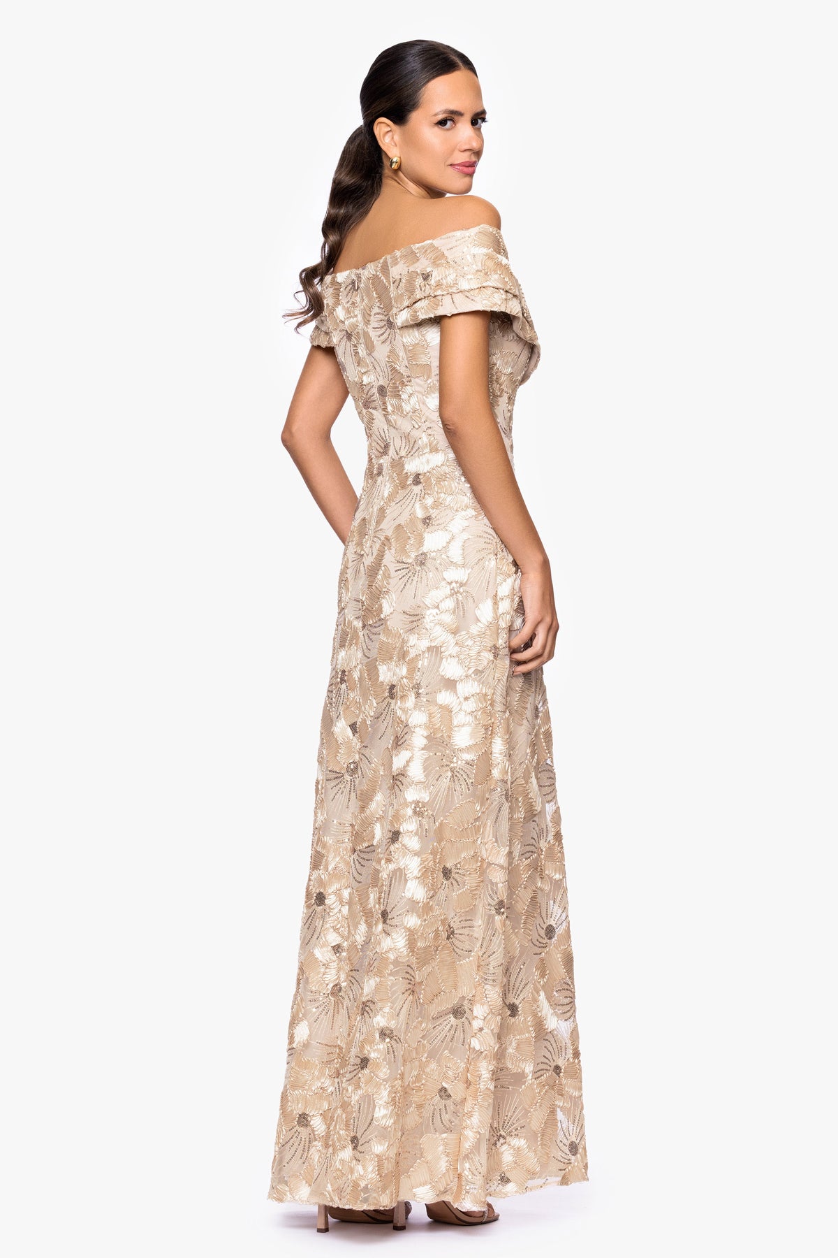 "Teyana" Soutache Sequin Off Shoulder Dress - Champagne | Betsy & Adam