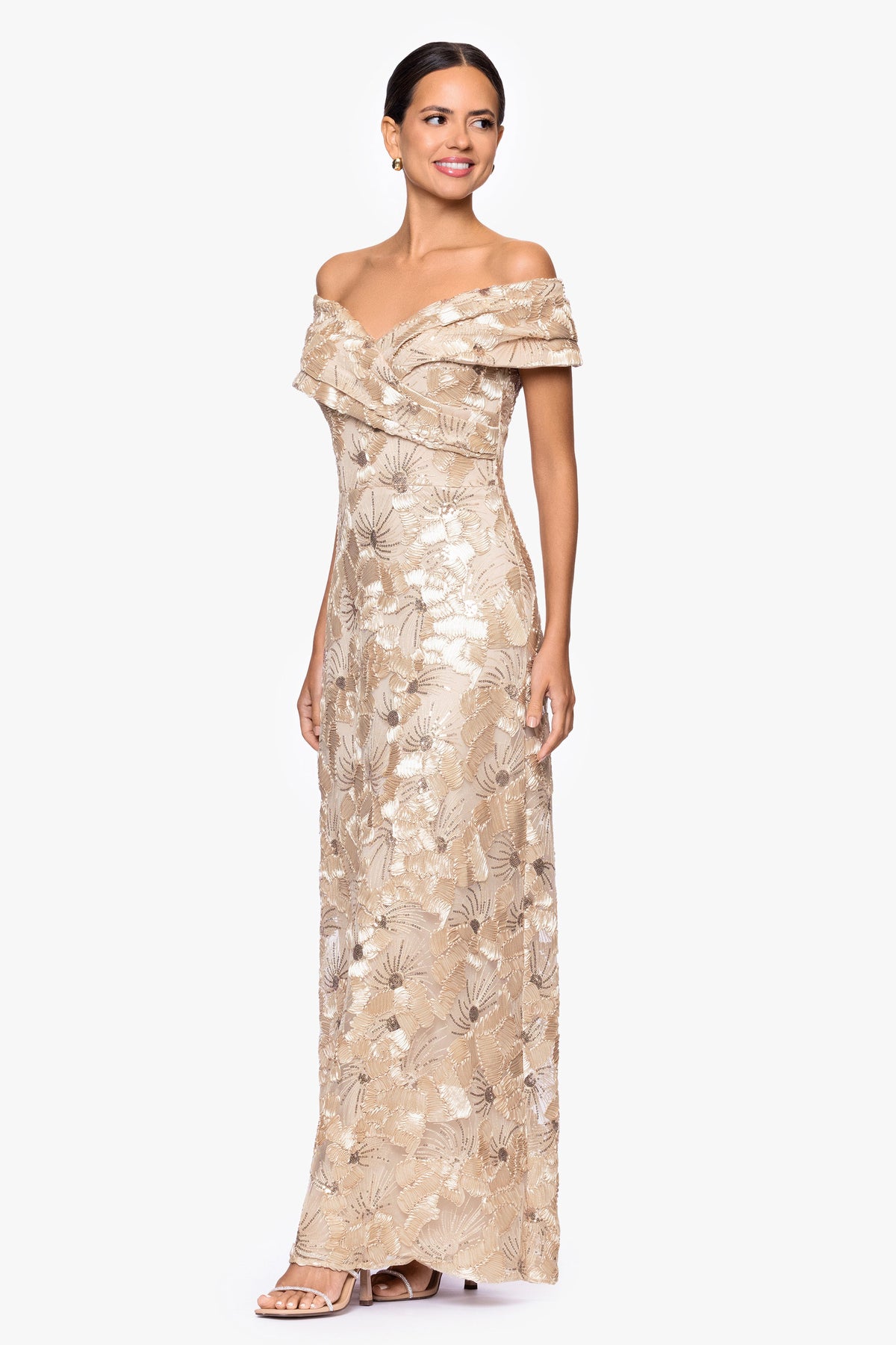 "Teyana" Soutache Sequin Off Shoulder Dress - Champagne | Betsy & Adam