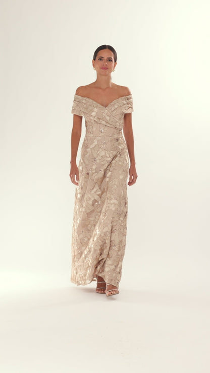 "Teyana" Soutache Sequin Off Shoulder Dress - Champagne | Betsy & Adam