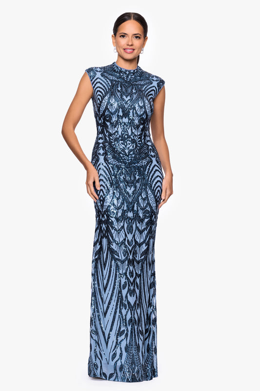 "Melina" Placement Sequin Mock Neck Dress - Blue | Betsy & Adam