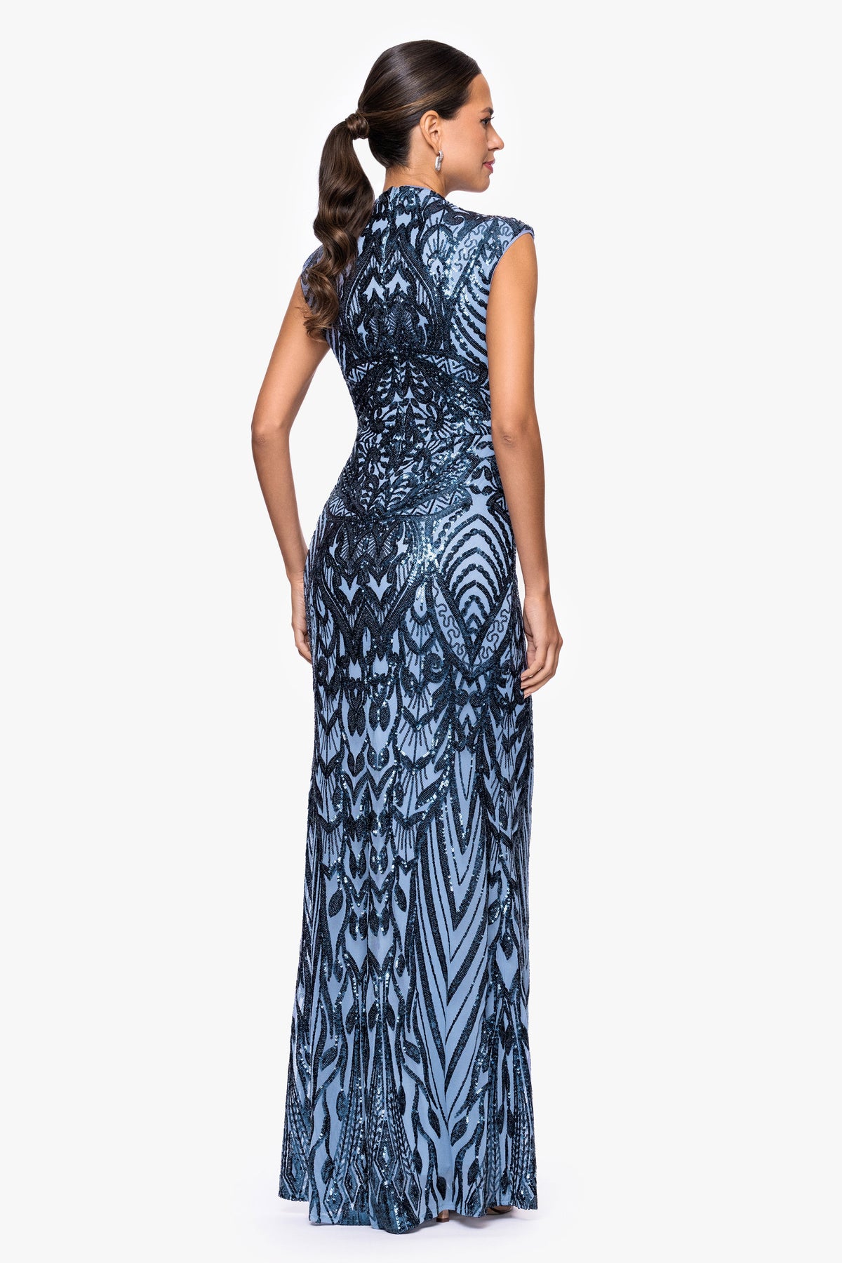 "Melina" Placement Sequin Mock Neck Dress - Blue | Betsy & Adam