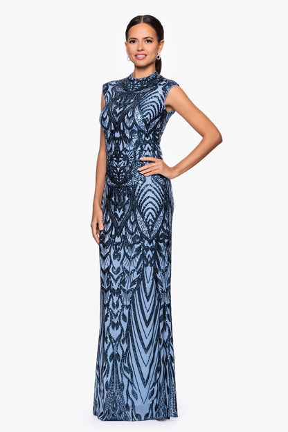 "Melina" Placement Sequin Mock Neck Dress - Blue | Betsy & Adam
