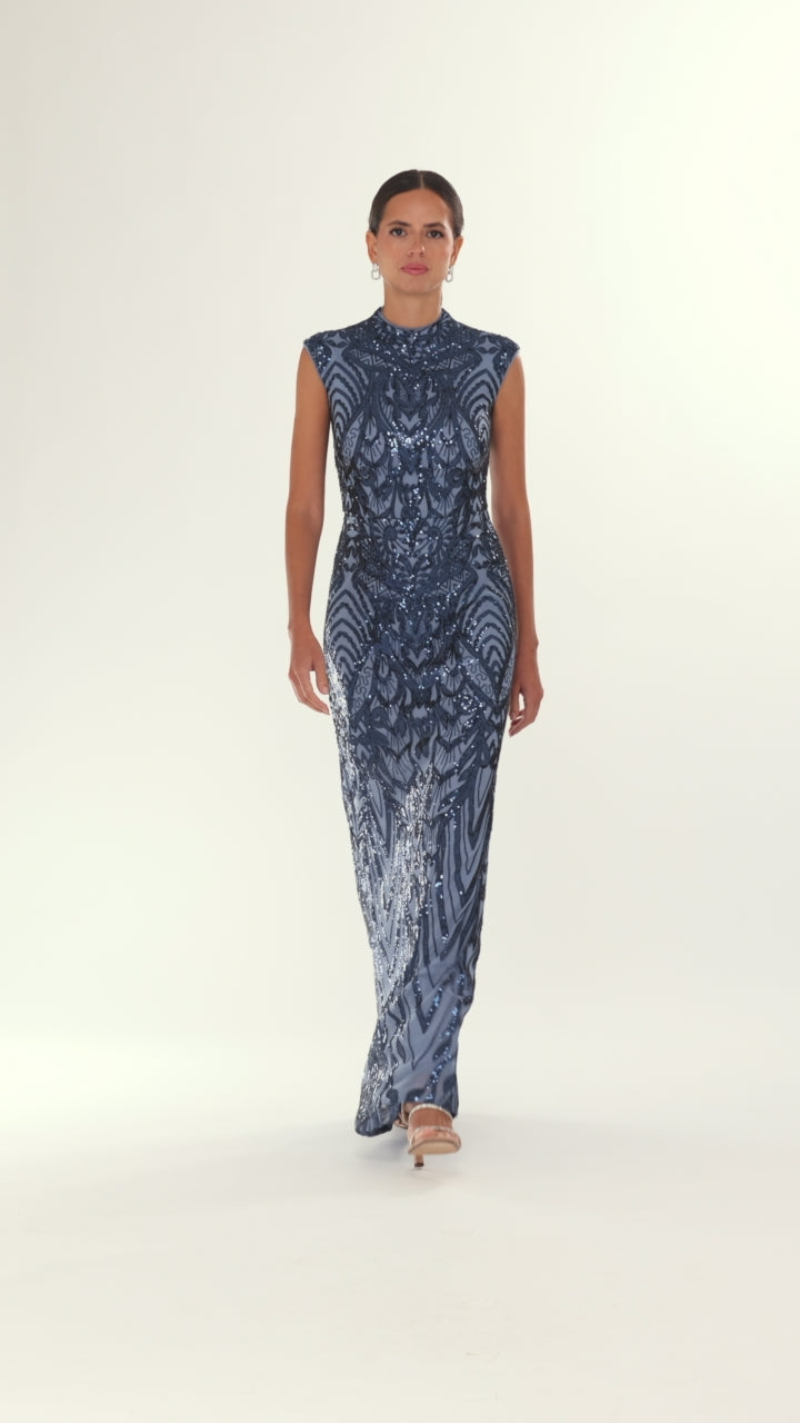 "Melina" Placement Sequin Mock Neck Dress - Blue | Betsy & Adam