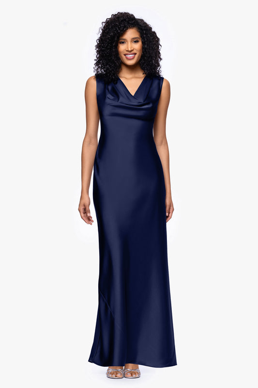 Petite "Amberly" Satin Drape Neck Dress - Navy | Betsy & Adam