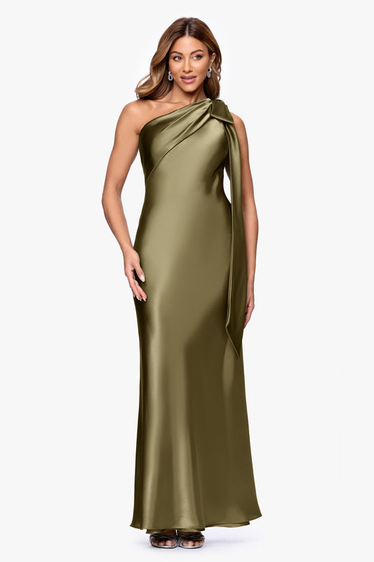 Petite "Dove" Satin One Shoulder Bow Dress - Olive | Betsy & Adam