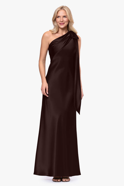 Petite "Dove" Satin One Shoulder Bow Dress - Brown | Betsy & Adam